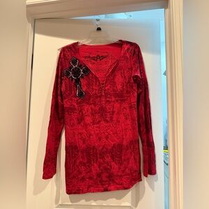 Vintage Affliction Crimson Long Sleeve Tee with Cross and Angel Wing Design NWT